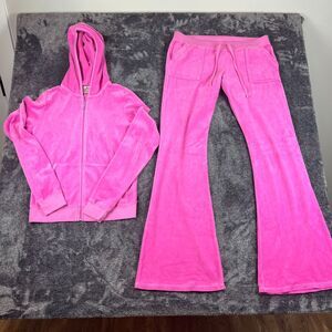 Vtg Juicy Couture TrackSuit Flare Pants Velour Flap Pockets Jacket M/L Pink USA